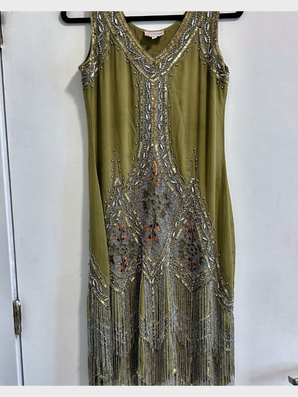 Unique Vintage Olive Beaded Sequin Fringe Flapper Dress Size S